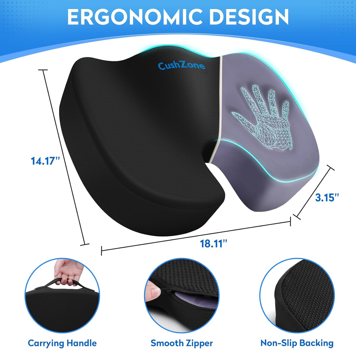 Seat Cushion, Memory Foam Cushion for Office Chair, Car Seat, Airplane, Chair Pad for Postpartum Pregnancy, Sciatica Tailbone Back Pain Relief for Long Sitting Workers, Car Drivers, Black - Image 2