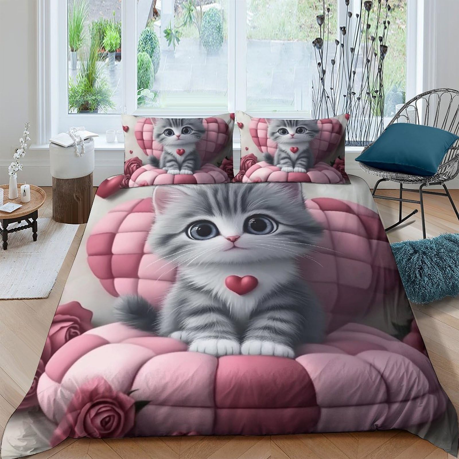 Ctjqhvkz Style-3 3D Printed Cute Cat Fitted Sheet Microfiber Pink Cartoon Bed Cover Bedroom Decor Anti-Slip Machine Washable Single（135X200cm）