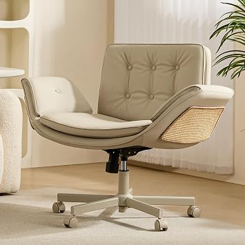 amseatec Criss Cross Chair with Natural Sisal Cat Scratch Pad, 5-Gear Adjustable Armrests, 360 Silent Casters,pet-Friendly Office, Gaming, Leisure, and Make up Vantiy Desk ChairCream