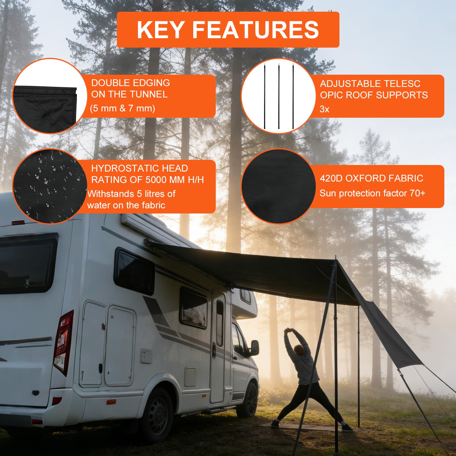 Sonnensegel Wohnwagen Komplett ausgestattetes Sonnensegel Camping 4x2,4 m | Markise Tarp für Sonnen- und Regenschutz - Kompatibel mit Wohnwagen,Camper,Vans,Kastenwagen und Wohnmobilen