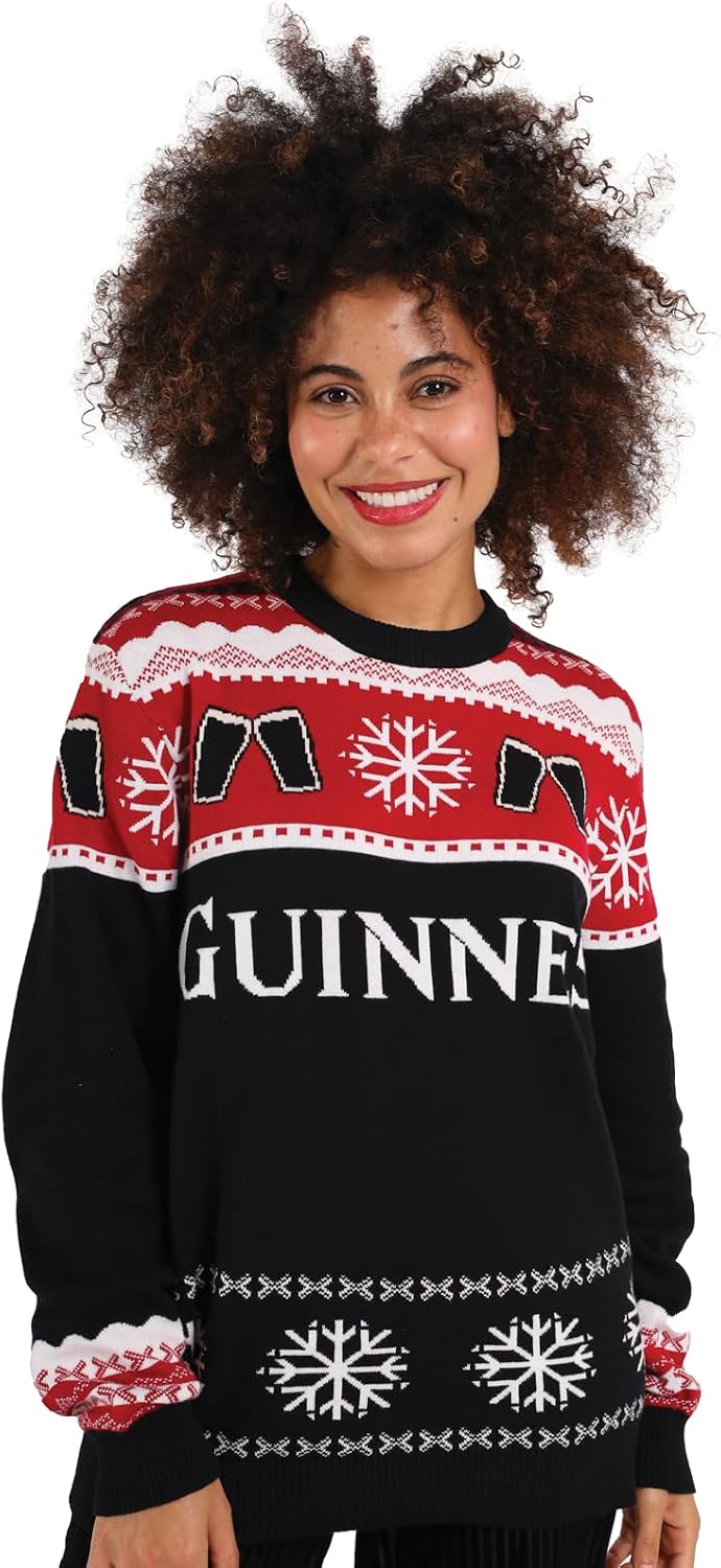 Guinness Holiday Black and Red Crew Neck Cotton Pint Sweater Unisex Official Merchandise