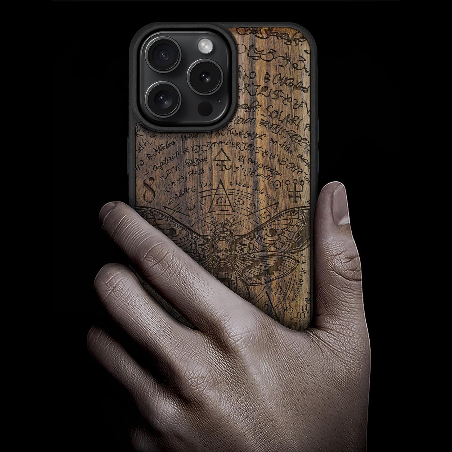 Carveit Magnetic Wooden Case for iPhone 16 Pro Max Case, Wood Artisan Engraved & Black Soft TPU Shockproof Cover, Compatible with MagSafe Wireless Chargers (Death's Head Moth) Walnut