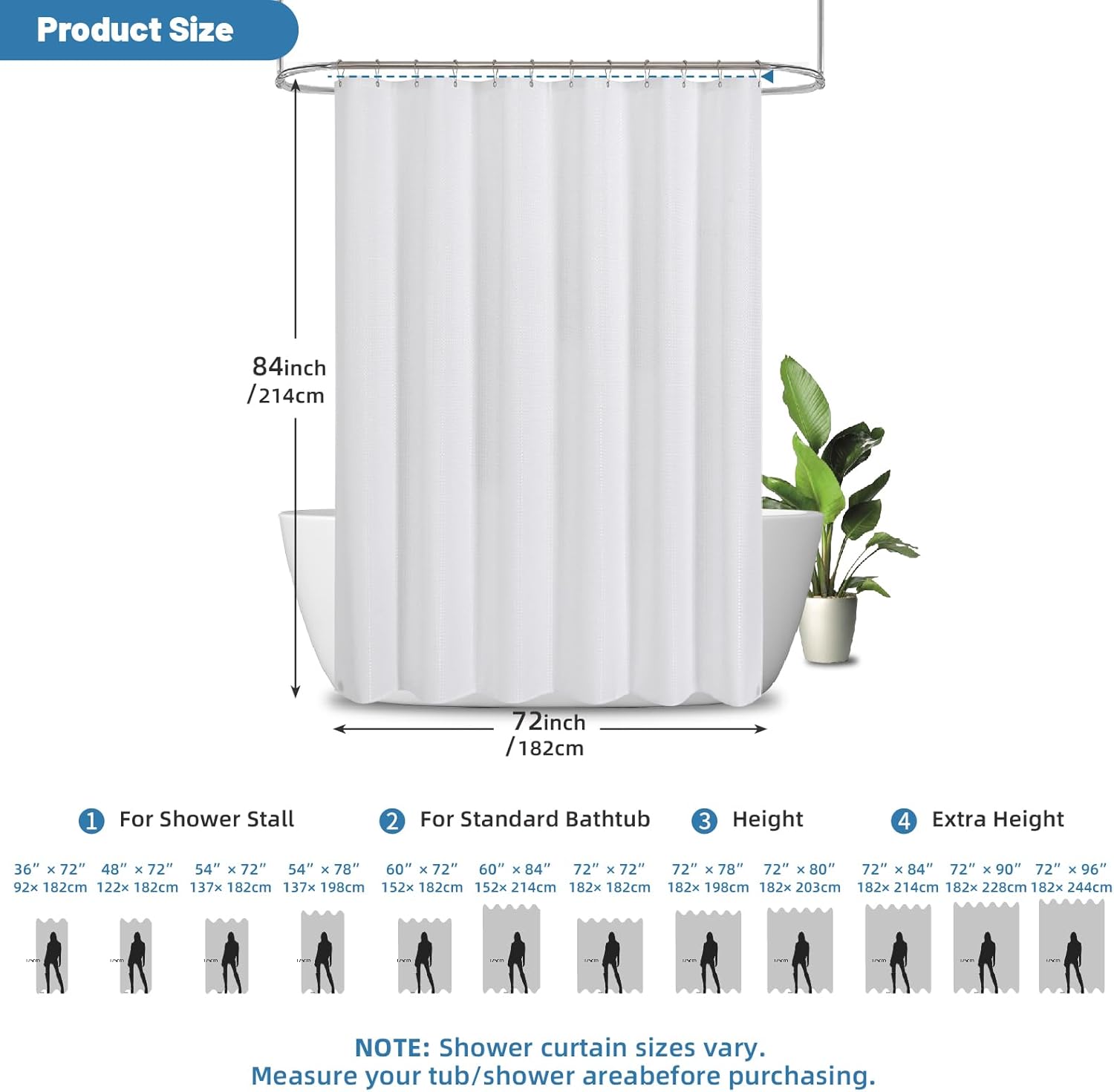 2-in-1 Waterproof Fabric Shower Curtain - No Separate Liner Needed, Hotel-Style Waffle Weave, Effortless Cleaning & Washable Bathroom Shower Curtain Set,72Wx84White