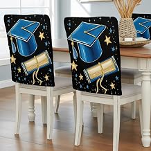 Dining Room Chair Back Covers-Set of 4,Blue Graduation Cap Diploma Chair Slipcovers Washable Removable Furniture Seat Protector for Home Kitchen Decor,Gold Stars