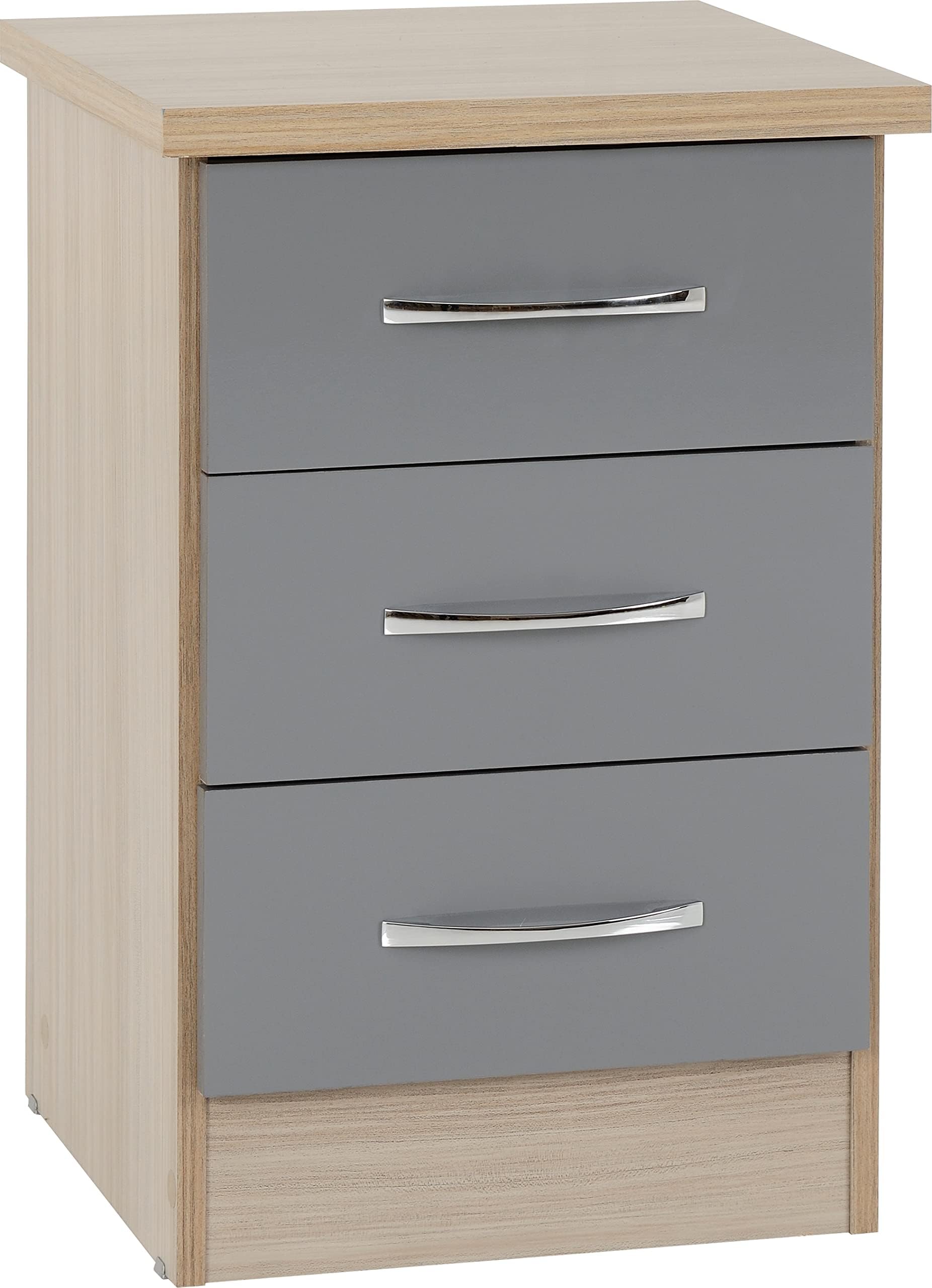 Seconique Nevada 3 Drawer Bedside in Grey Gloss/Light Oak Effect Veneer
