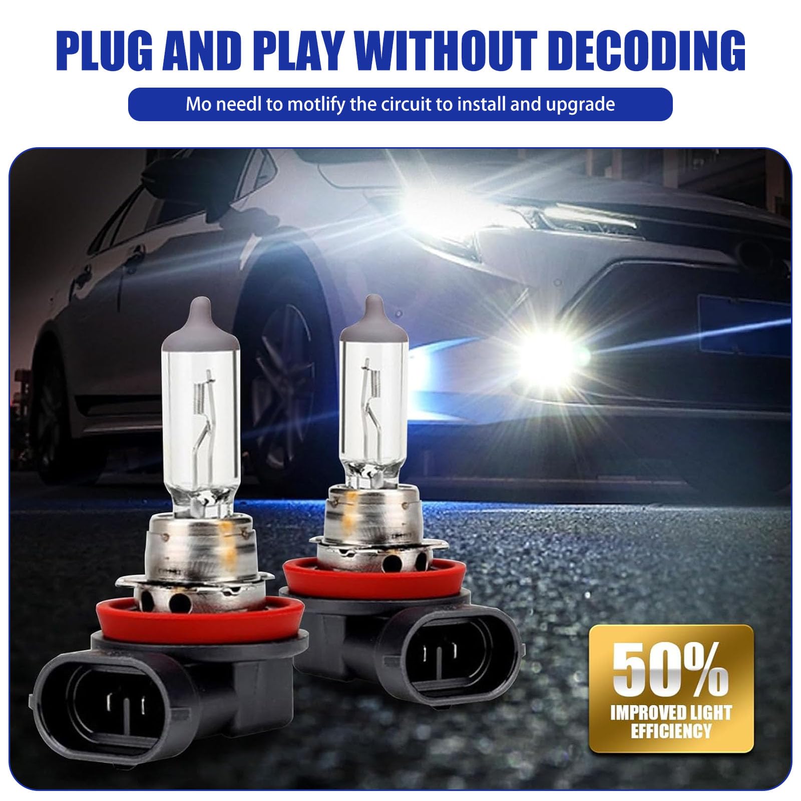 Pack-2 Car H11 Halogen Bulbs 55W 12V Quartz Lamp Super Bright Beam Low High Beam Fog Light Replacement — view 4