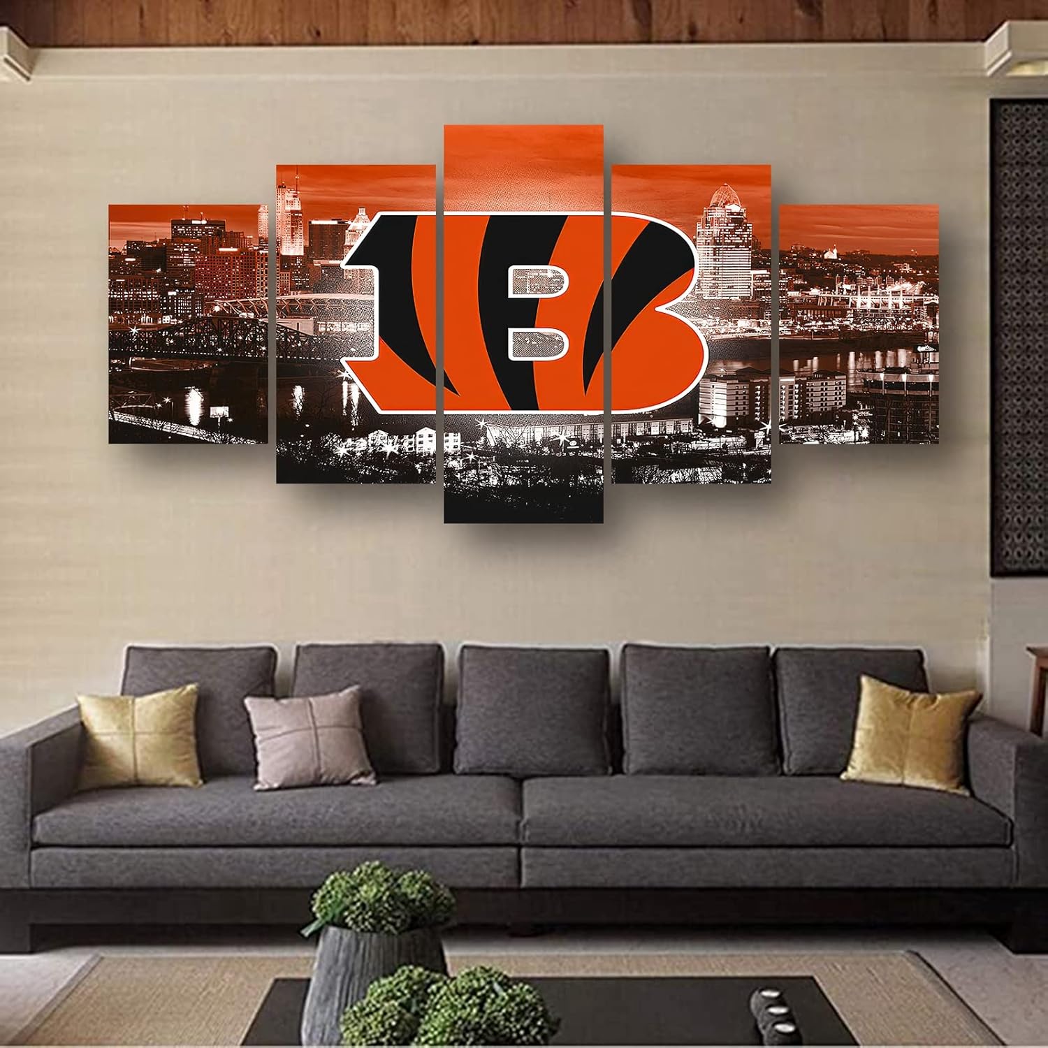 Cincinnati City Bengals American Football Poster Sports Pattern Canvas Wall Art Print Artwork Home Decor Large Frame Painting Ready to Hang 5Pcs (Framed,20x30x2pcs+20x45x2pcs+20x60cmx1pcs) Black - Image 5