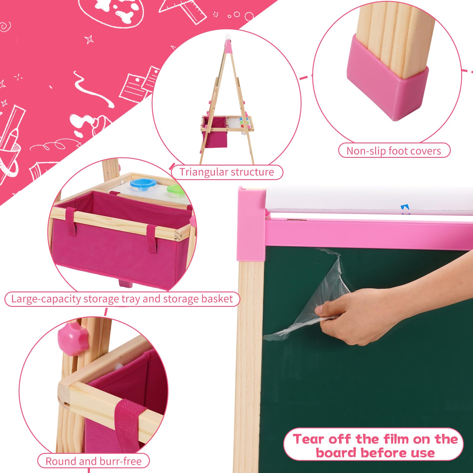 3 in 1 Lavagna per Bambini con Rotolo di Carta,Contenitore e Set da Disegno,Cavalletto Artistico Pieghevole,Lavagna Doppia Faccia,Tavolo da Disegno per Bambini Dai 3 Anni in Su Rosa