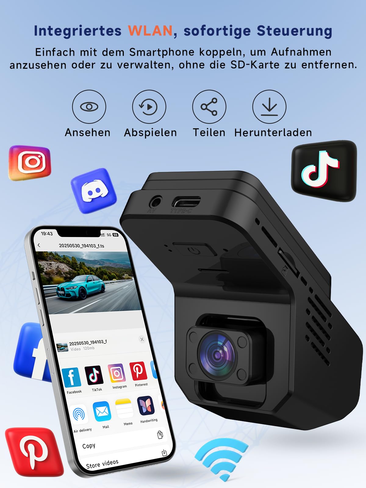 Veement Dashcam Auto Vorne Und Innen 2,5k+1080p, Mini Dash Cam Auto Kamera Mit 32-GB-Karte, Super-Nachtsicht, 4 IR-LEDs, 165° Weitwinkel WDR, G-Sensor, Loop-Aufnahme, 24H Parkmodus (Dunkelschwarz)