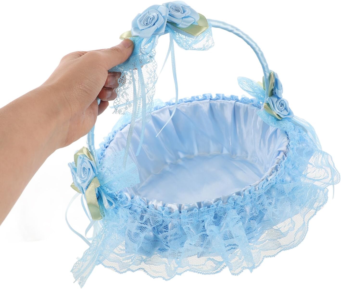 Woven Flower Girl Basket for Weddings with Handle, Light Blue Material, Lace and Rhinestone Decoration, Small Handheld Bridal Basket for Wedding Ceremony and Party Supplies
