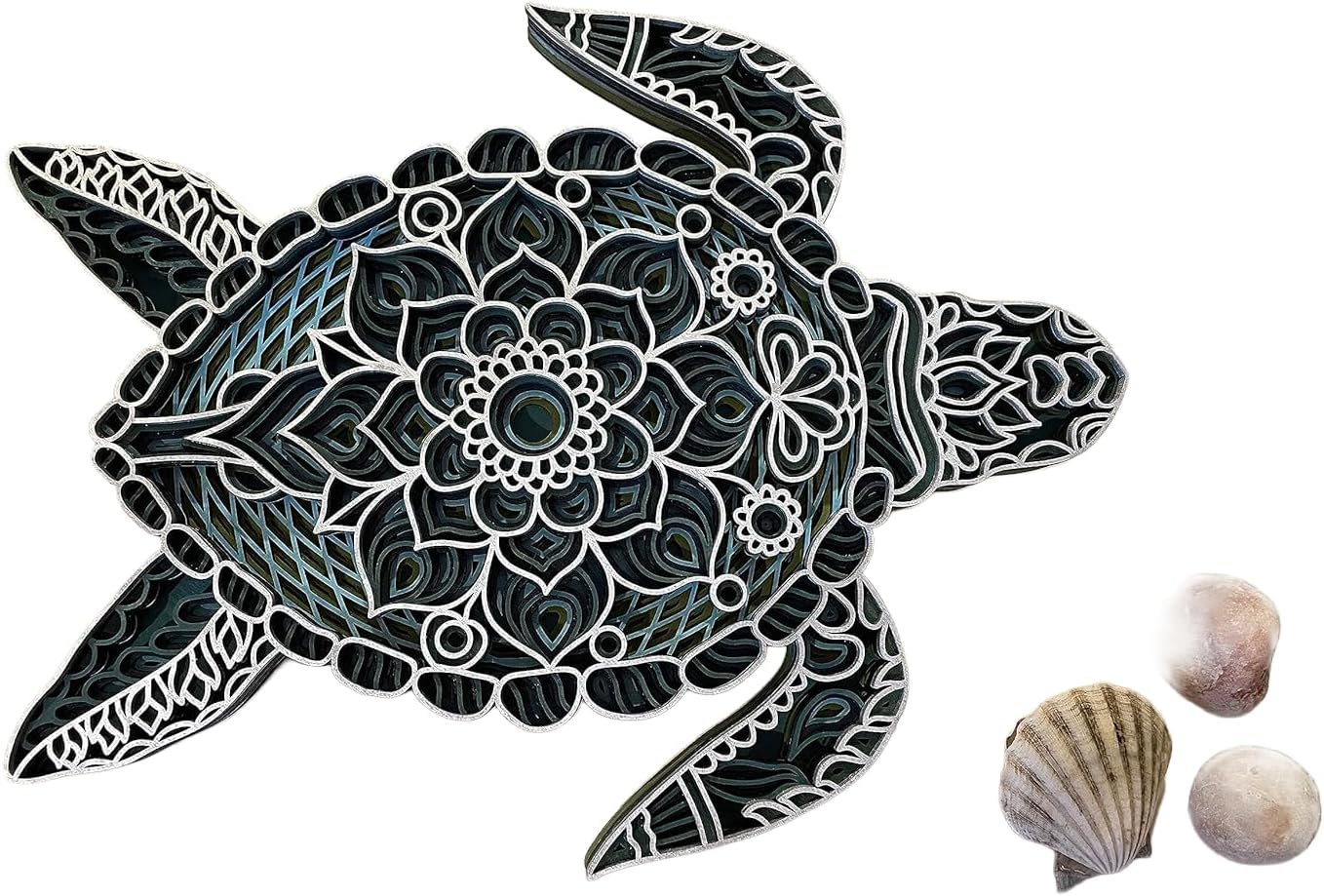 Aqua Painted 6-Layer Turtle Mandala - Laser Cut, 12" x 9" - Breathtaking Beach Home Decor - Natural Wood Color Unique Layers - Customization