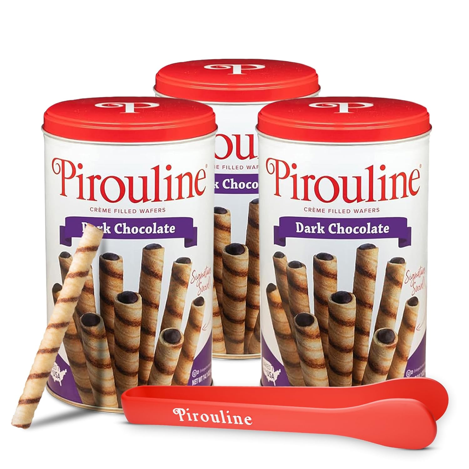 Pirouline Rolled Wafers – Dark Chocolate – Rolled Wafer Sticks Bundled with Serving Tongs, Crème Filled Wafers for Coffee, Tea, Ice Cream, Snacks, Parties, Gifts, and More – 14oz Tin 3Pk