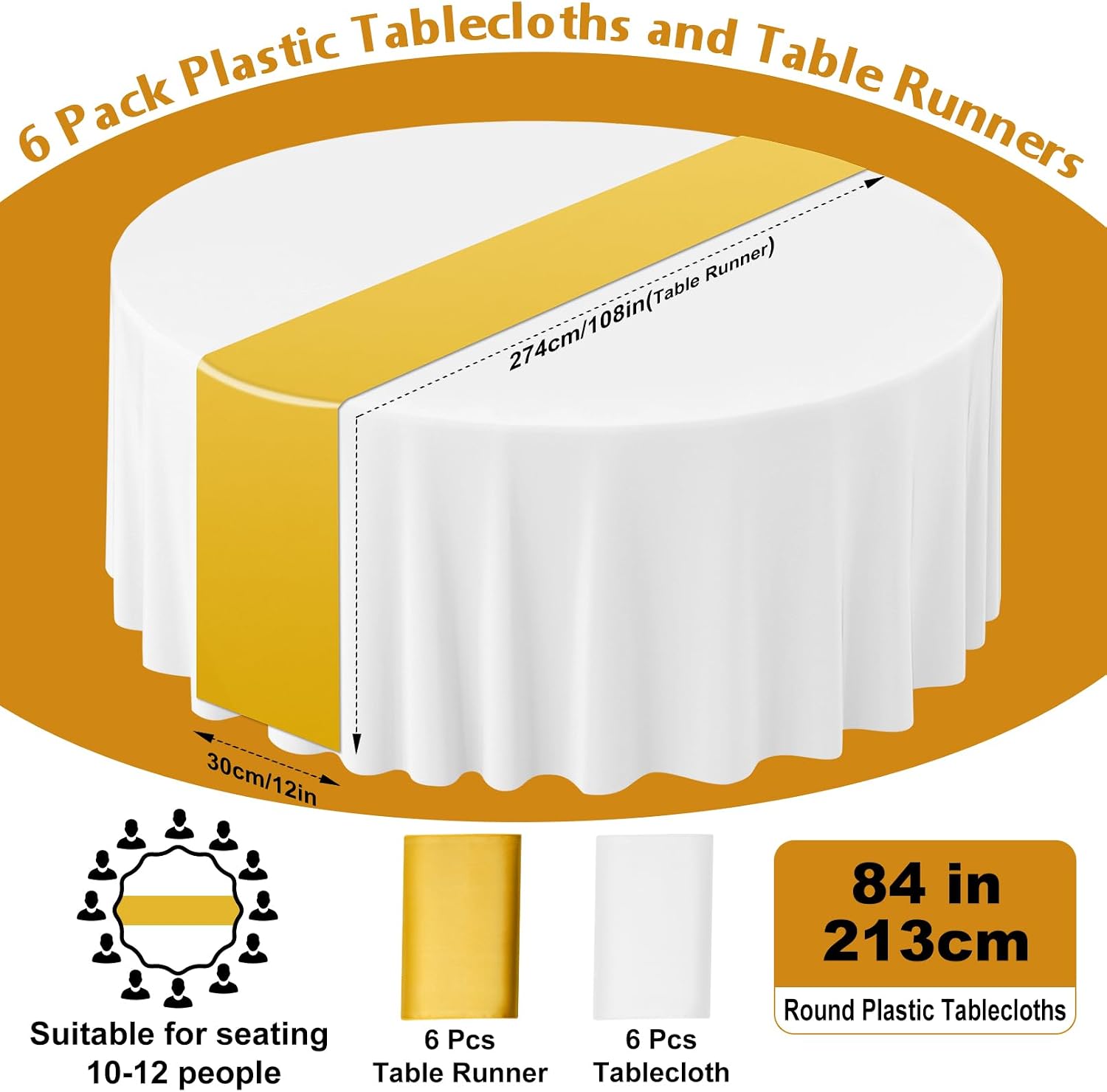 16 PCS Round Plastic Tablecloth and Satin Table Runner, White and Gold Disposable Tablecloth, 84" Plastic Table Cover 12x108'' Runners Set, TableCloths for Wedding Birthday Party Bridal Shower