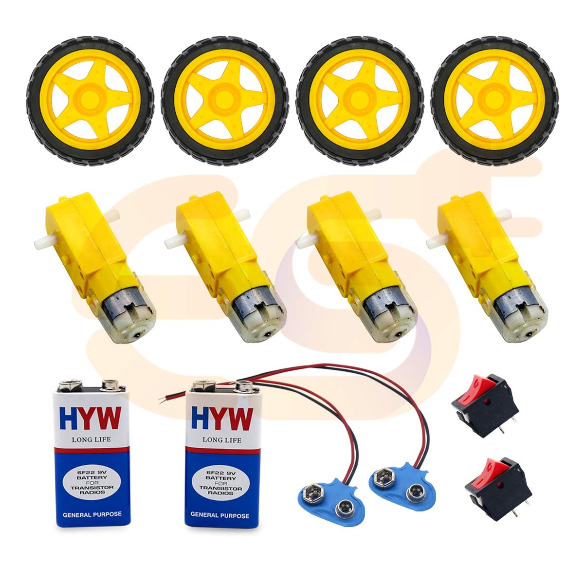 Electronicspices Kit For Little Creators Bo Motor with Wheel + Battery Clip and Battery, 9V + 2 Switch