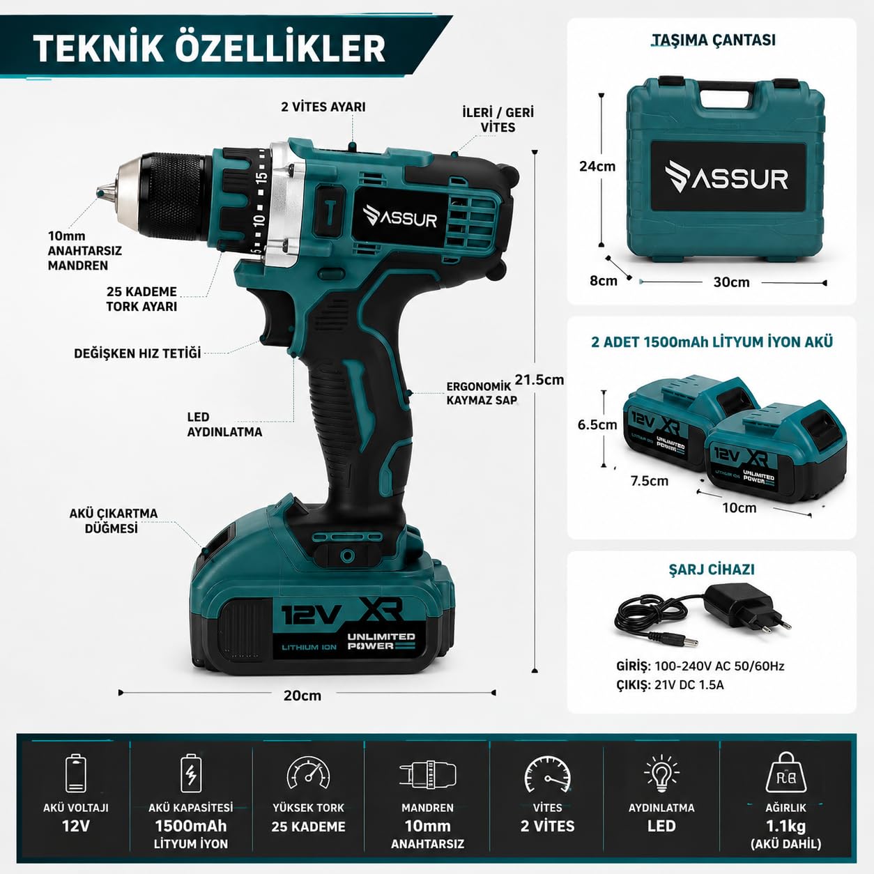 ASSUR Akülü Matkap 12V, 2 Vitesli Şarjlı Vidalama Seti, 84 Parça Uç Seti ile, LED Aydınlatmalı, Çift 1500mAh Lityum İyon Batarya, 10mm Mandren, 2 Yıl Garantili