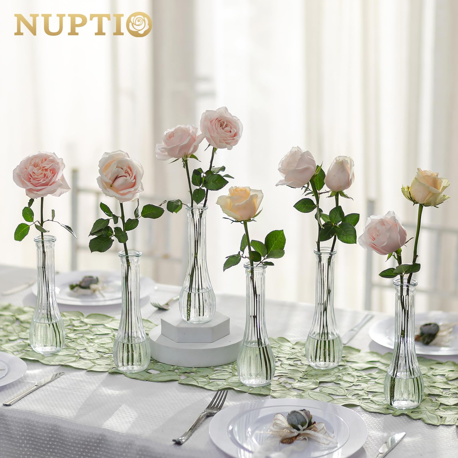 NUPTIO Floreros de Cristal para Flores de Boda: 12 Piezas 21,7cm Alto Florero Pequeño para de Centro de Mesa - Florero Decorativo Estriado para Fiesta Inauguración Casa Decoración