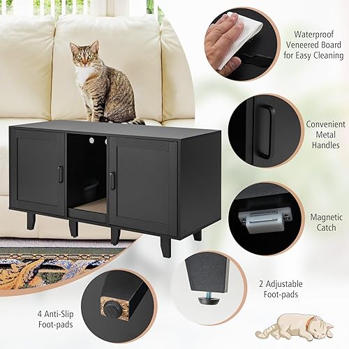 Miniatura 6 de PETSITE Caja de arena para 2 cajas de arena, mesa auxiliar oculta para baño de gatos con 2 gabinetes, tabla de rascar, muebles de arena para gatos