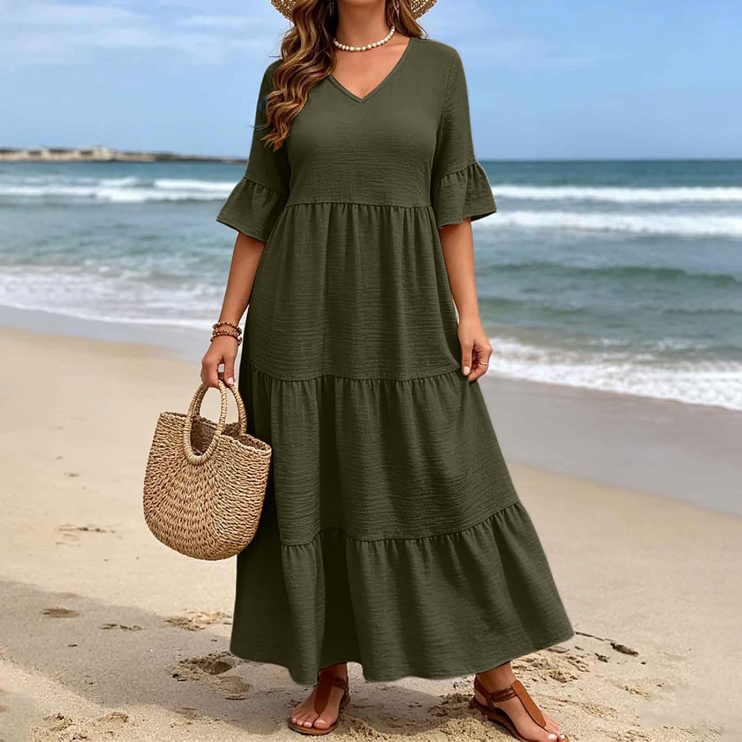 Women Plus Size Ruffle Dresses, Flare Sleeve Tiered Peplum Maxi Dress for Vacation High Waist Flowy Boho Sundress