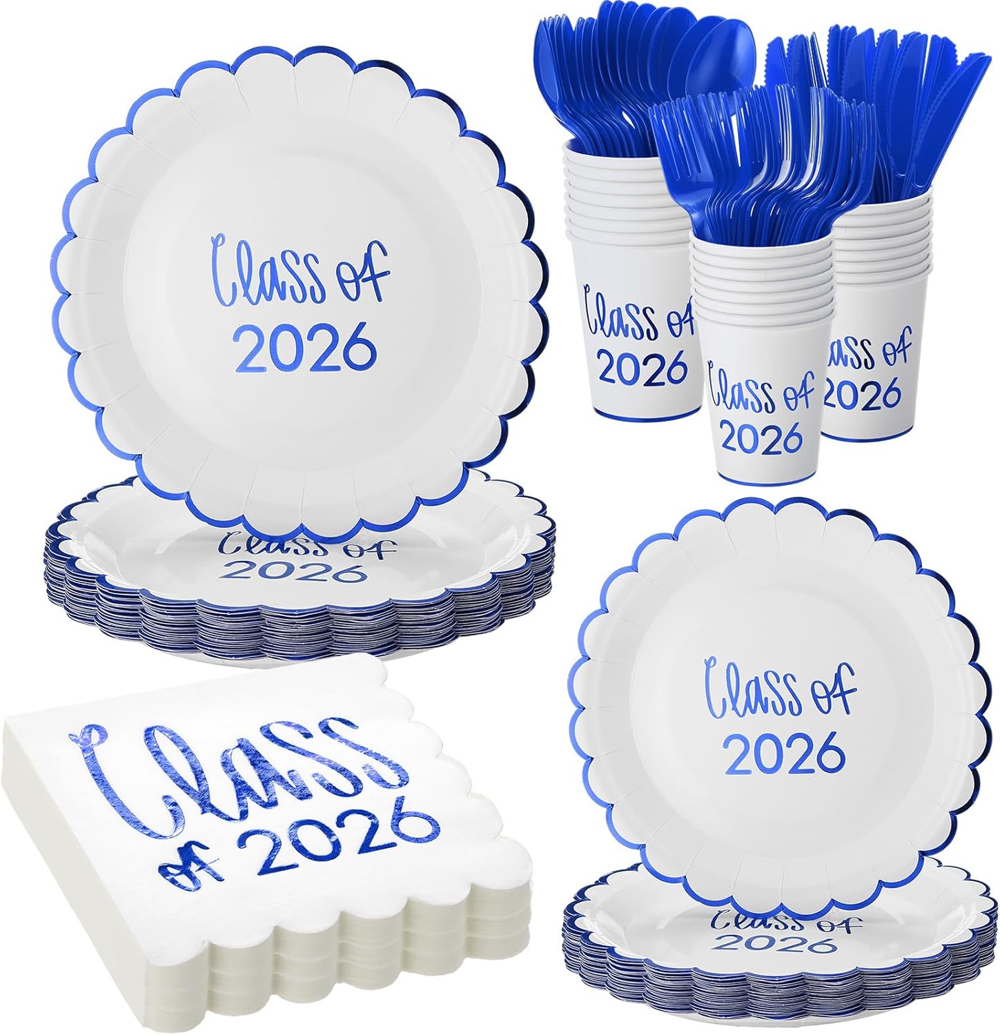 Affrolling Class of 2026 Graduation Party Supplies, 175 Pcs Congrats Grad Paper Plates Napkins and Cups Cutlery Disposable Tableware Set for College High School Congrats Decorations, Serves 25(Blue)