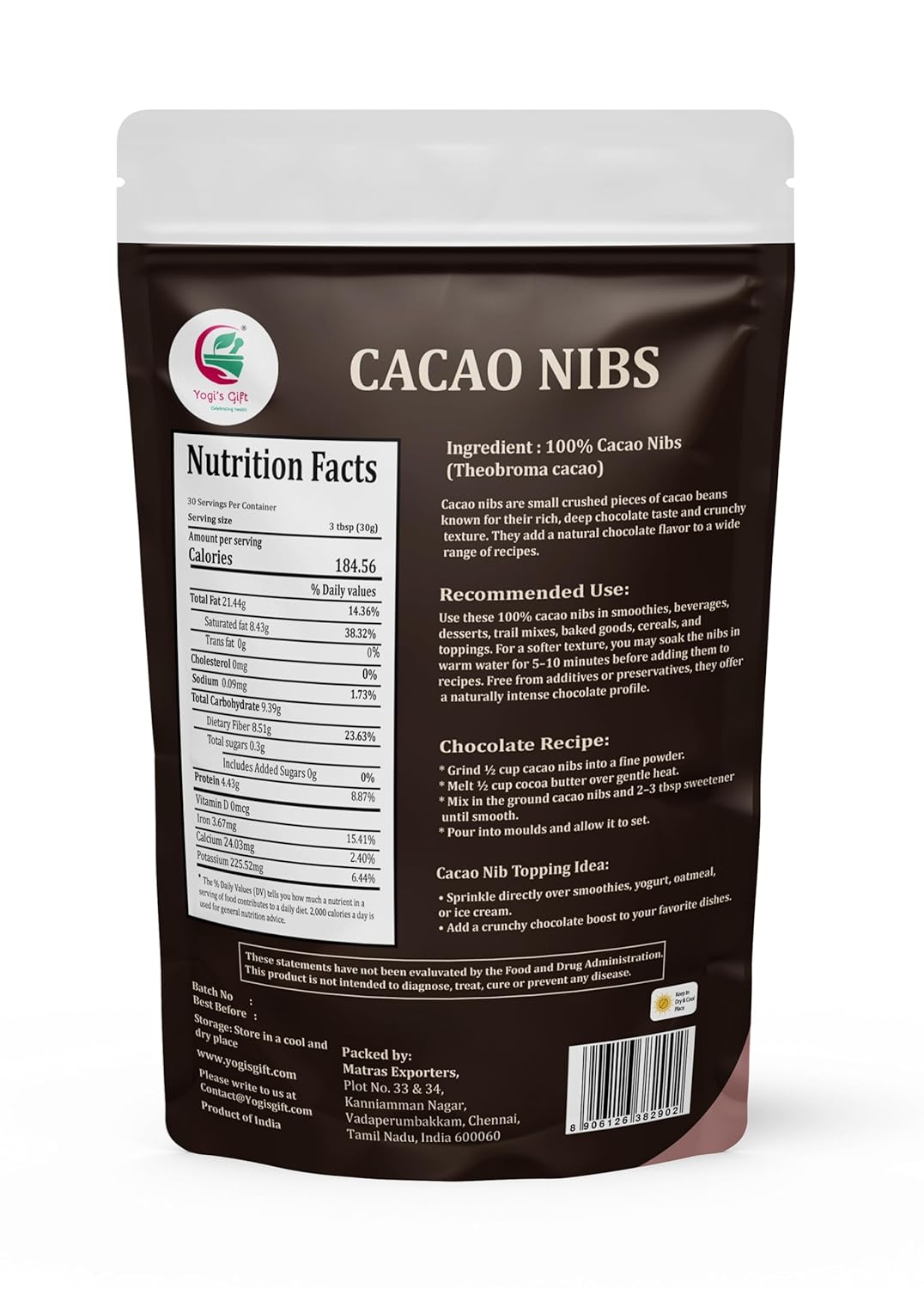 Cacao Nibs 2 LB – Raw Cacao Nibs Unsweetened – Crunchy Chocolate Nibs for Smoothies, Baking & Snacks – Premium Cacao by Yogi’s Gift®