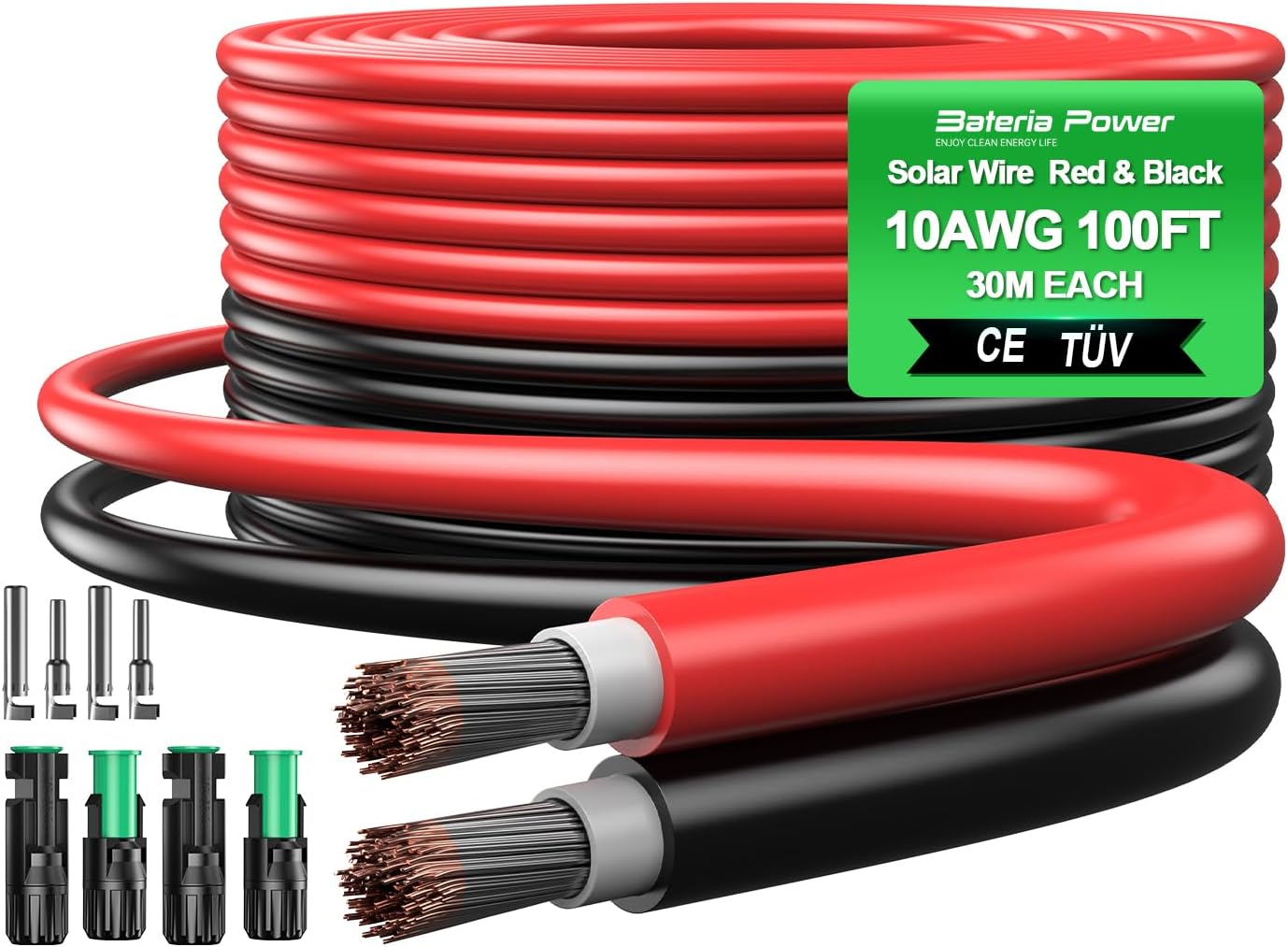 10AWG(6mm²) 100FT Solar Panel Extension Wire with Four Pairs Waterproof Male & Female Connectors with Solar Connector Caps Solar Extension Cable for RV, Home, Boat, Car