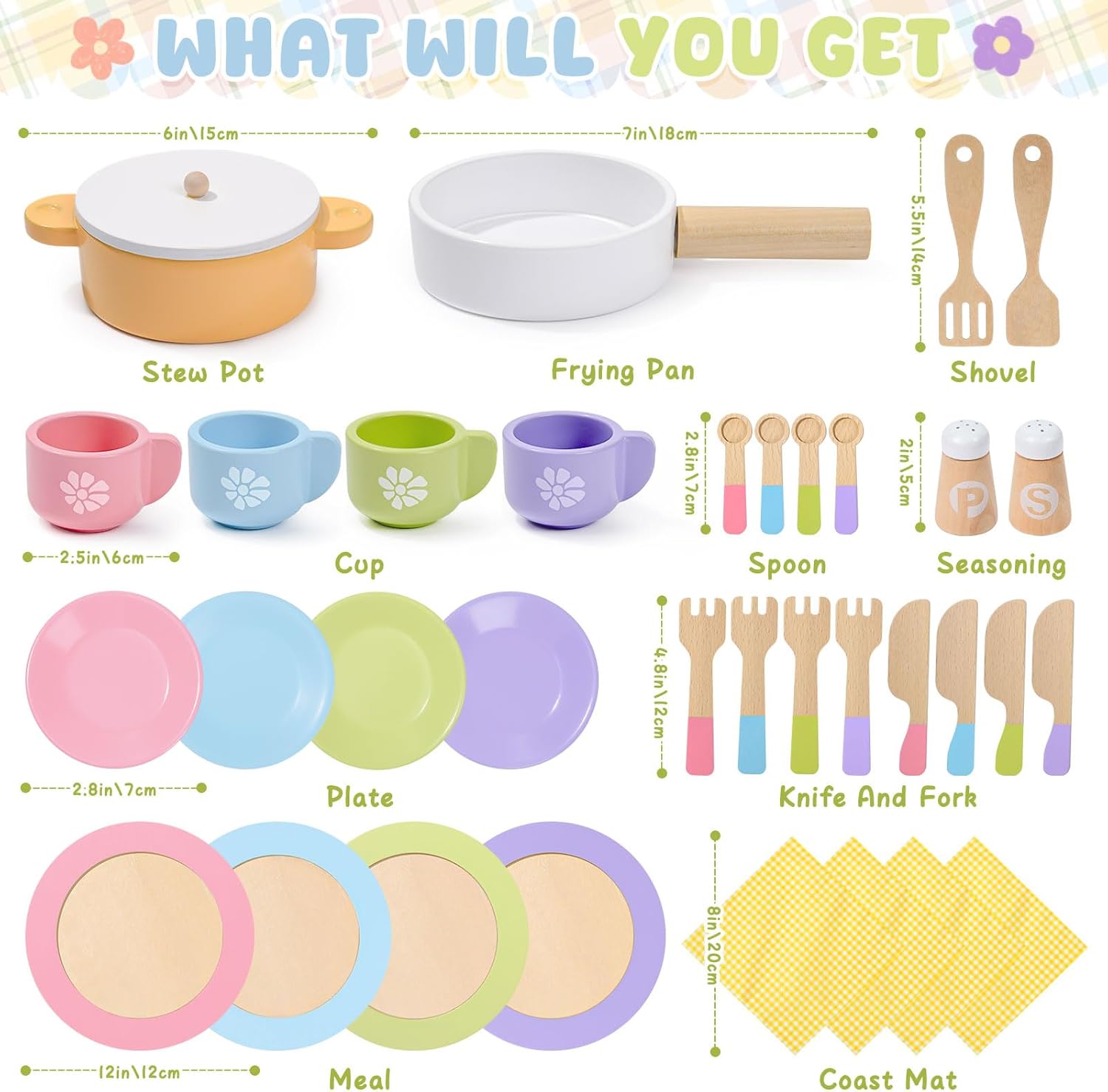 Toyssa 34 PCS Wooden Play Dishes and Plates Kitchen Set Toys for Toddler, Kids Play Kitchen Accessories with Pan & Tableware, Montessori Pretend Cooking Set Birthday Gifts for 3 4 5 6 Years Girls Boys