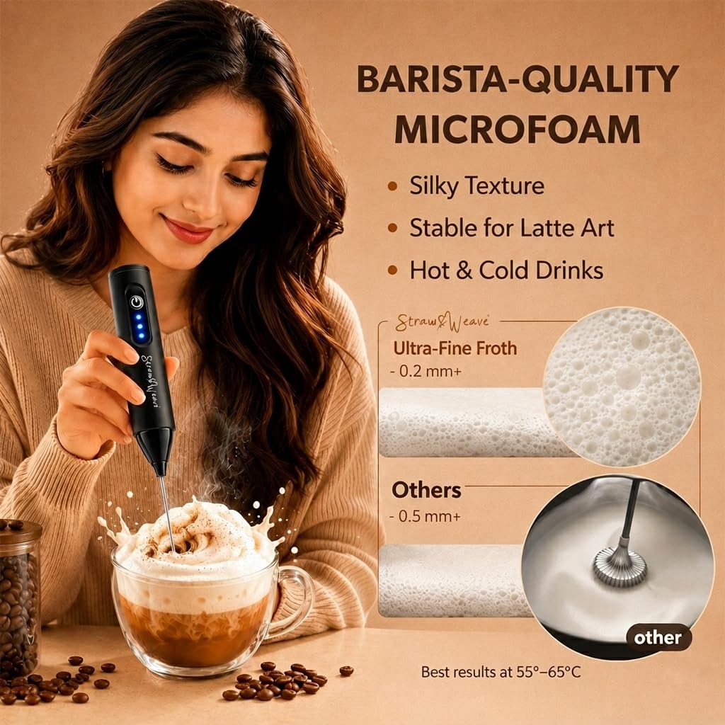 Coffee Frother Electric with Double Whisk | C Type Rechargeable Coffee Maker Machine for Home | 1 Year Warranty | Free Coffee Blender Recipe Book | Big Battery 1 Charge = 15 Days Use 2