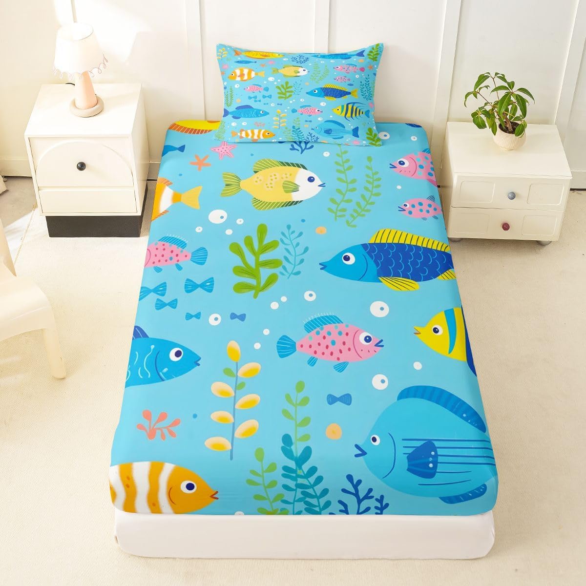 Cartoon Colorful Fish Fitted Sheet Twin Fish Ocean Tropical Bed Sheets Nautical Coastal Bedding Set for Kids Boys Girls,Underwater World Bed Cover 2 Pcs