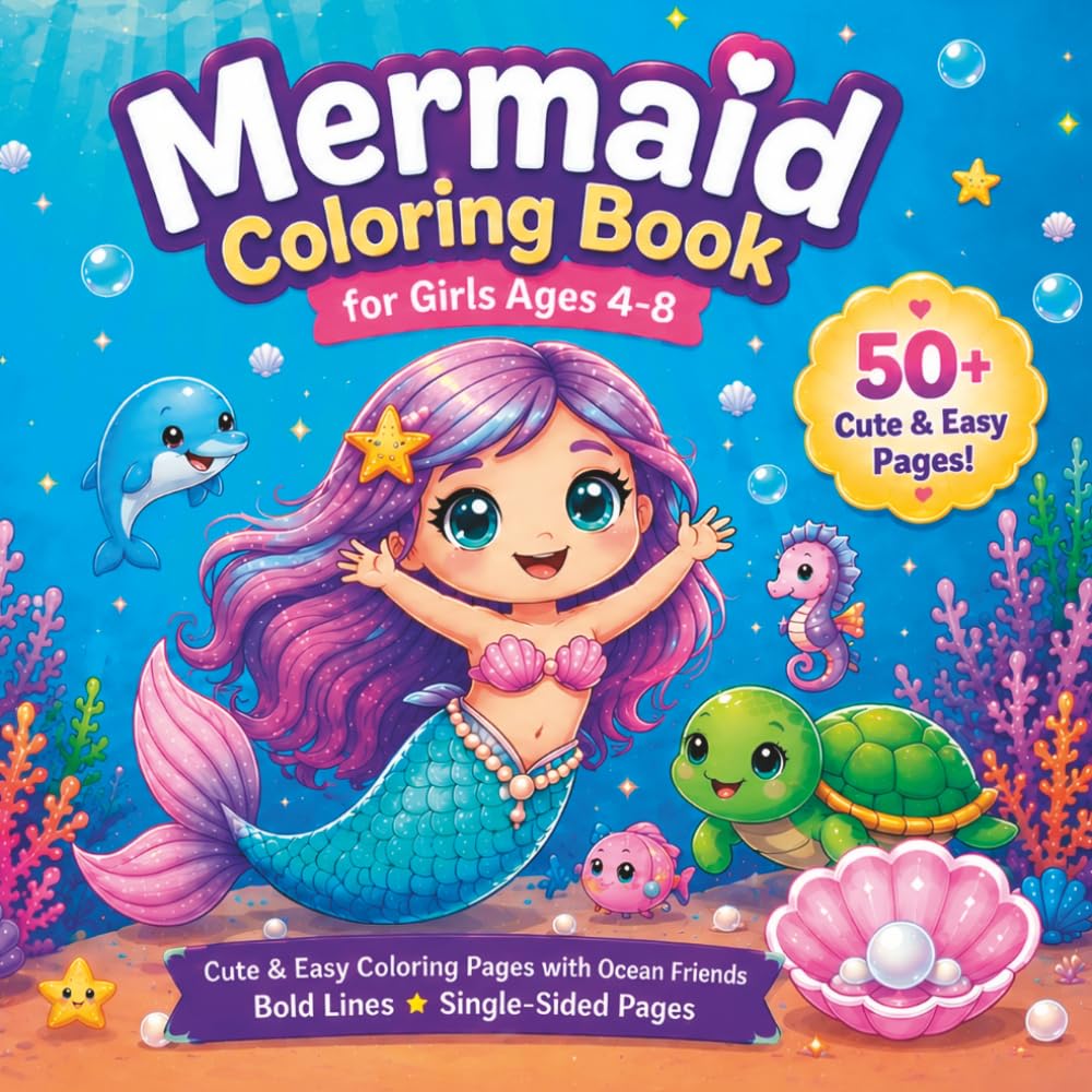 Mermaid Coloring Book for Girls Ages 4-8: Cute & Easy Coloring Pages with Ocean Friends, Bold Lines, Single-Sided Pages, and Simple Designs for Kids