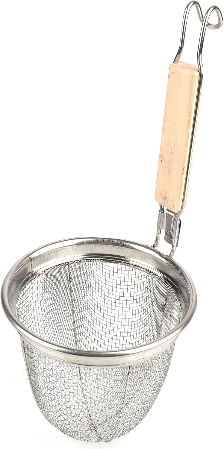 Lawei 4 pack Mesh Spider Strainer with Wooden Handle - 6 inch Stainless Steel Micro-perforated Pasta Basket