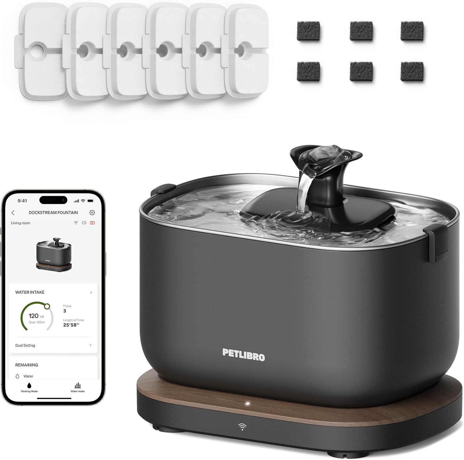 Bundle of PETLIBRO App Cat Water Fountain, 2.5L/84oz Dockstream Pet Fountain for Cats Inside with 2.4GHz Wi-Fi + PETLIBRO 6 Pack Replacement Filters for Dockstream Cat Water Fountain