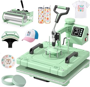 Slendor Heat Press 15x15 Inch 5 in 1 Heat Press Machine 360-Degree Swing Away Digital T Shirt Pressing Machine Multifunction Heat Transfer Sublimation Combo for T Shirts Mugs Hat Plate Cap,Green