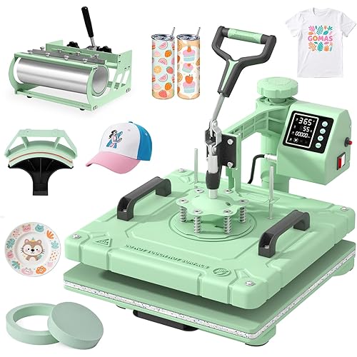 Slendor Heat Press 15x15 Inch 5 in 1 Heat Press Machine 360-Degree Swing Away Digital T Shirt Pressing Machine Multifunction Heat Transfer Sublimation Combo for T Shirts Mugs Hat Plate Cap,Green