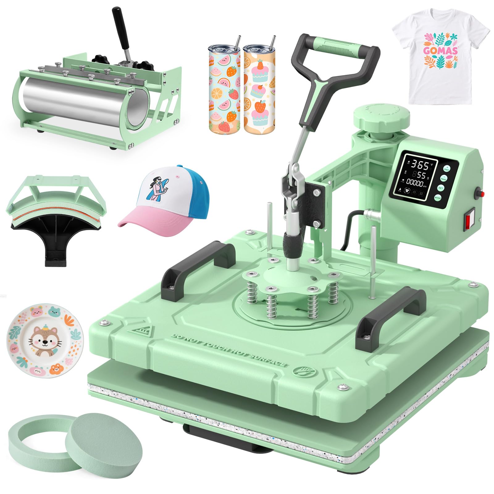 Photo 1 of Slendor Heat Press 15x15 Inch 5 in 1 Heat Press Machine 360-Degree Swing Away Digital T Shirt Pressing Machine Multifunction Heat Transfer Sublimation Combo for T Shirts Mugs Hat Plate Cap,Green