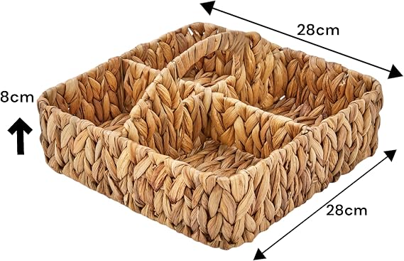 Deconox El Yapımı Hasır Saplı Kare 4 Bölmeleli Düzenleyici Organizer, Banyo, Mutfak ve Yemek Masası İçin, 28cm*28cm*8cm