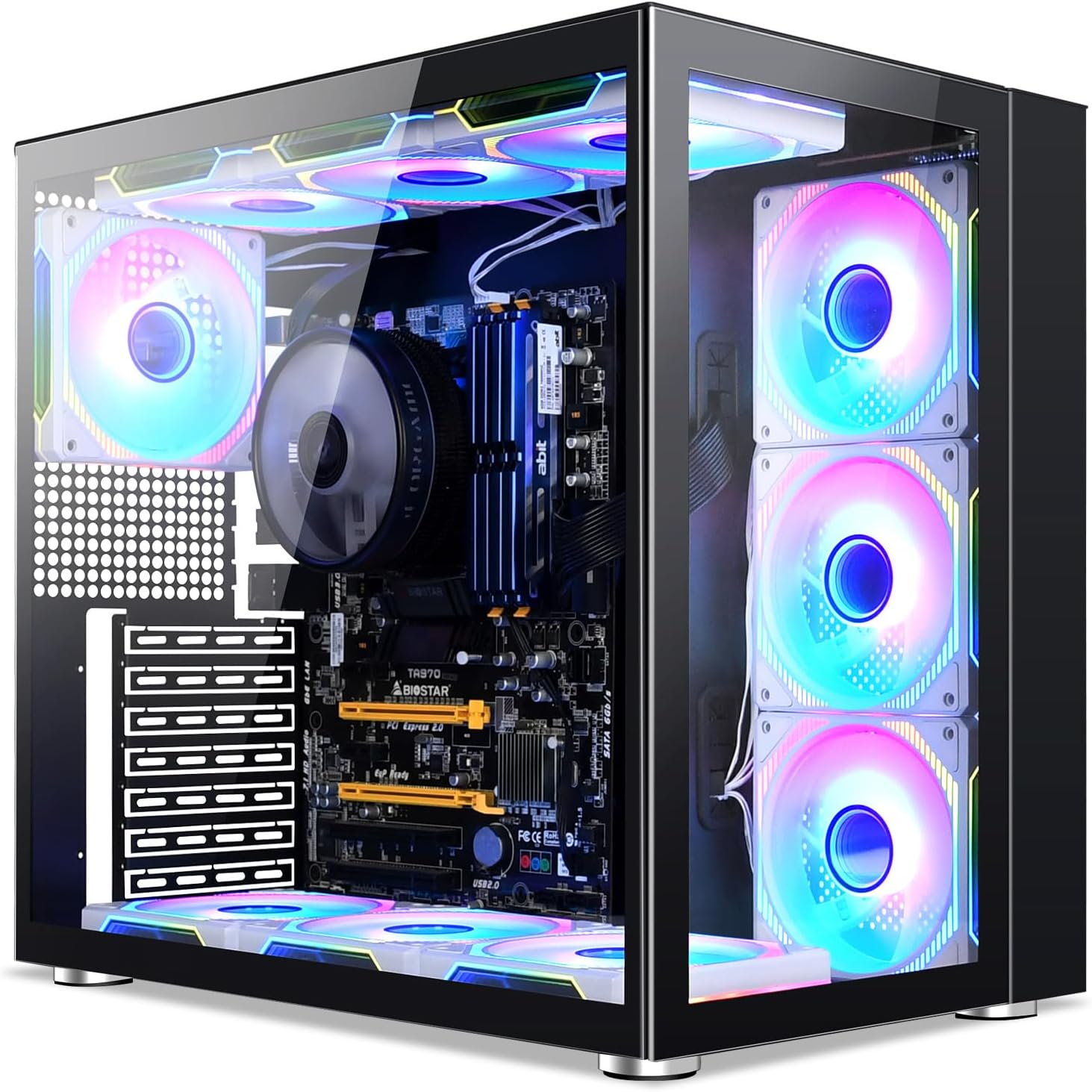 GOPIE Mid tower gaming pc case, P07 ATX computer chassis with dual chamber panoramic tempered glass, High Performance Airflow-Cable Management-support 360mm Radiator - fans not included -Black