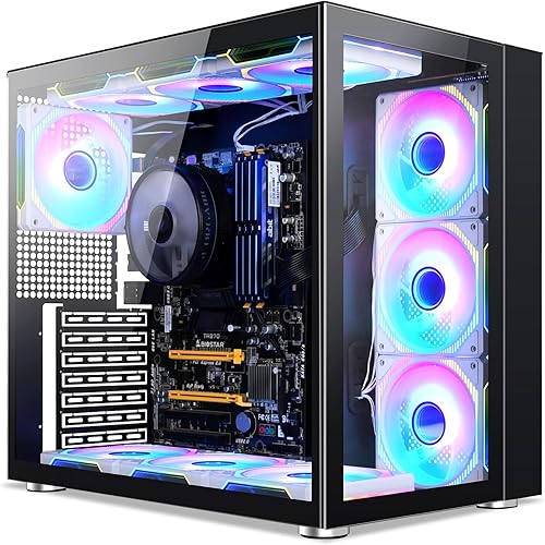 GOPIE Carcasa de PC para juegos de torre media, chasis de computadora ATX P07 con vidrio templado panorámico de doble cámara, gestión de cables de