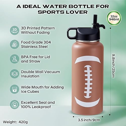 Miniatura 2 de Botella de agua de fútbol de 32 onzas y 100 calcomanías de fútbol de acero inoxidable aisladas, botella de agua deportiva, accesorios de fútbol,