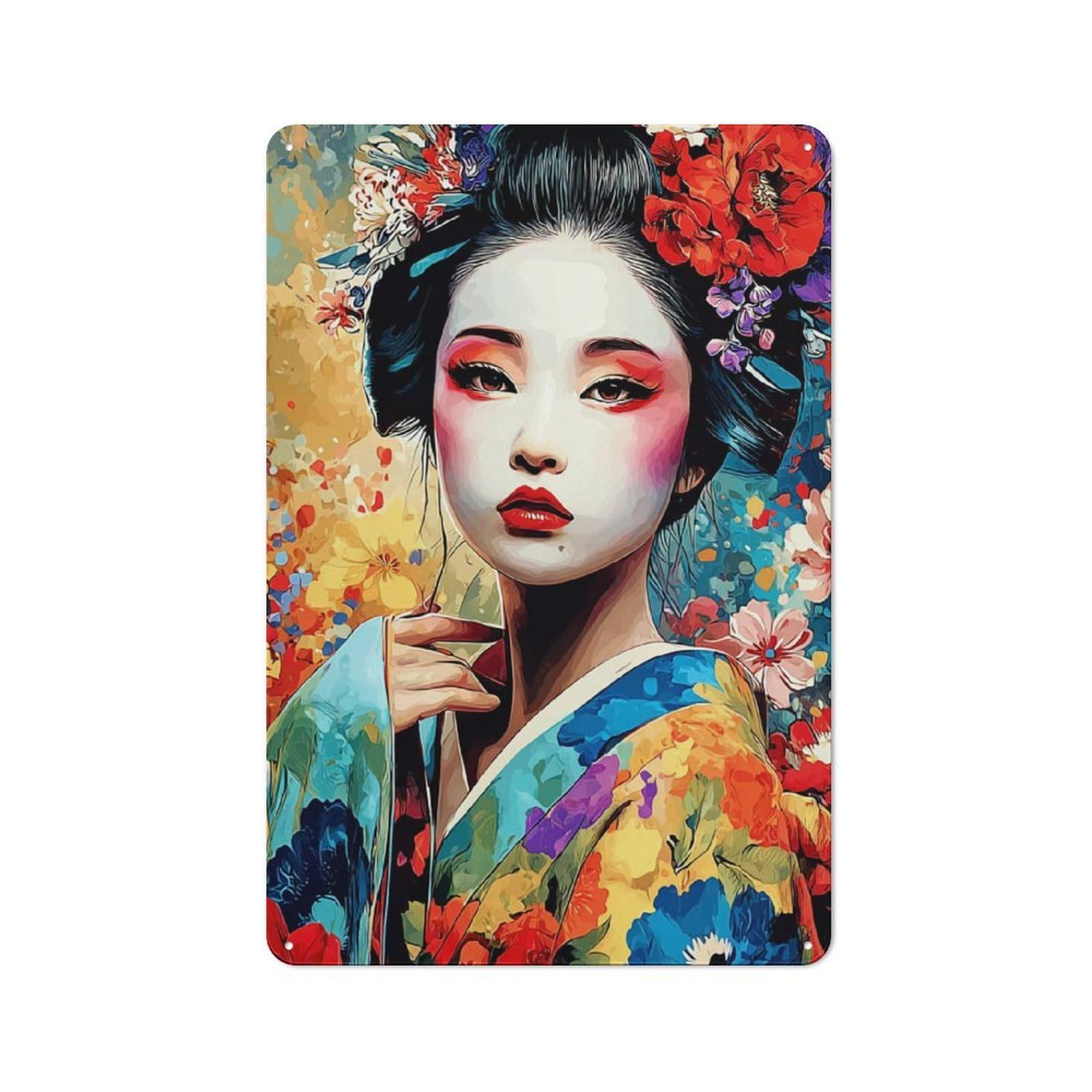 Junmoney Geisha In Floral Kimono Simple Retro Metal Wall Plaque 30X20cm, Creative Space Decor For Office, Study, Studio Or Hallway