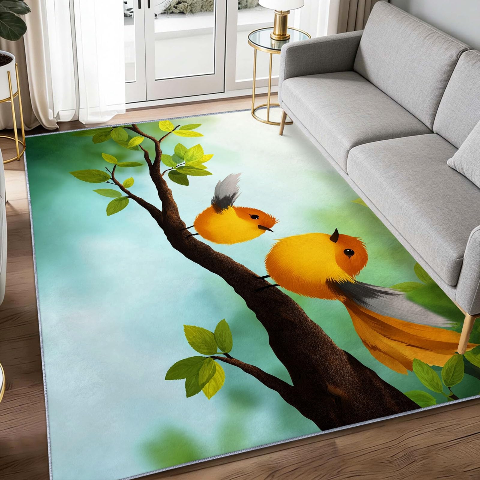 Tappeto a pelo corto lavabile 140 x 200 cm uccello del fumetto ramo di albero tappeto soggiorno, arte digitale morbida antiscivolo moquette per ingresso interno camera da letto cucina camera da letto