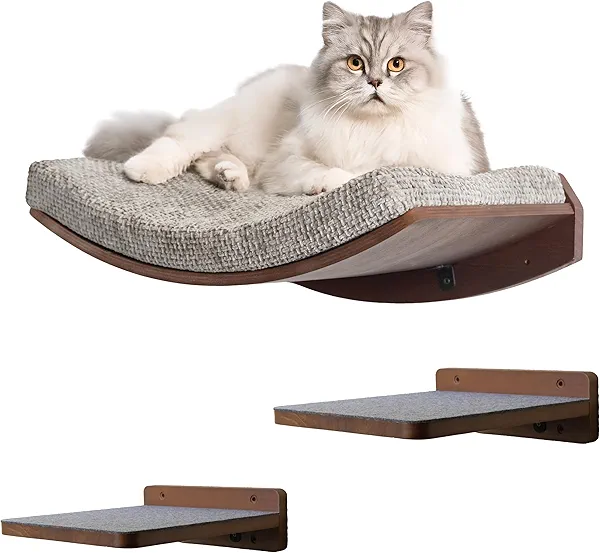 Kerwis Premium Cat Shelves – Shelf in Walnut Brown with Replaceable Carpet with 2 Pine Wood Steps (3pcs). Sturdy Perches for Wall. Cat Hammock Bed Furniture for Cats