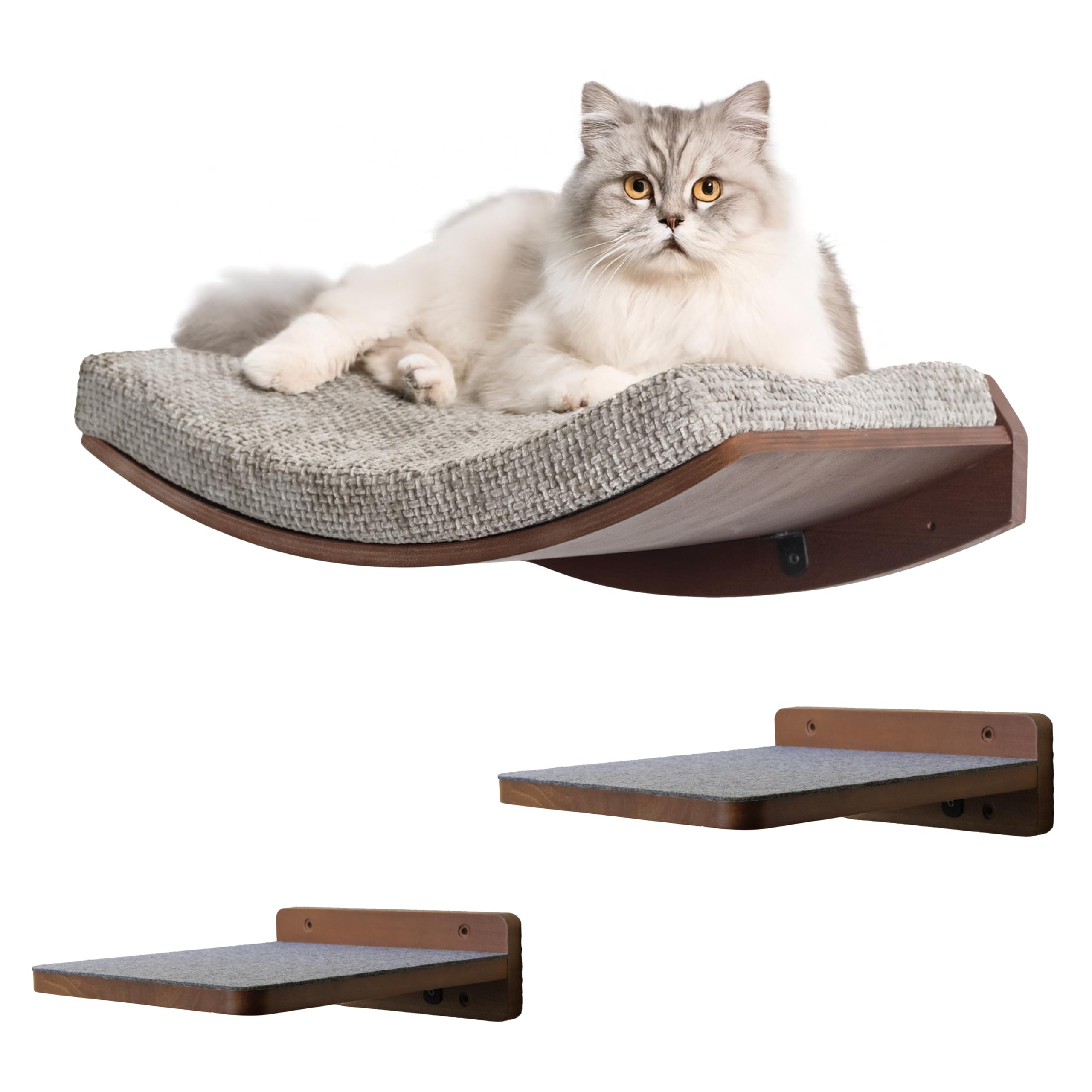 Kerwis Premium Cat Shelves – Shelf in Walnut Brown with Replaceable Carpet with 2 Pine Wood Steps (3pcs). Sturdy Perches for Wall. Cat Hammock Bed