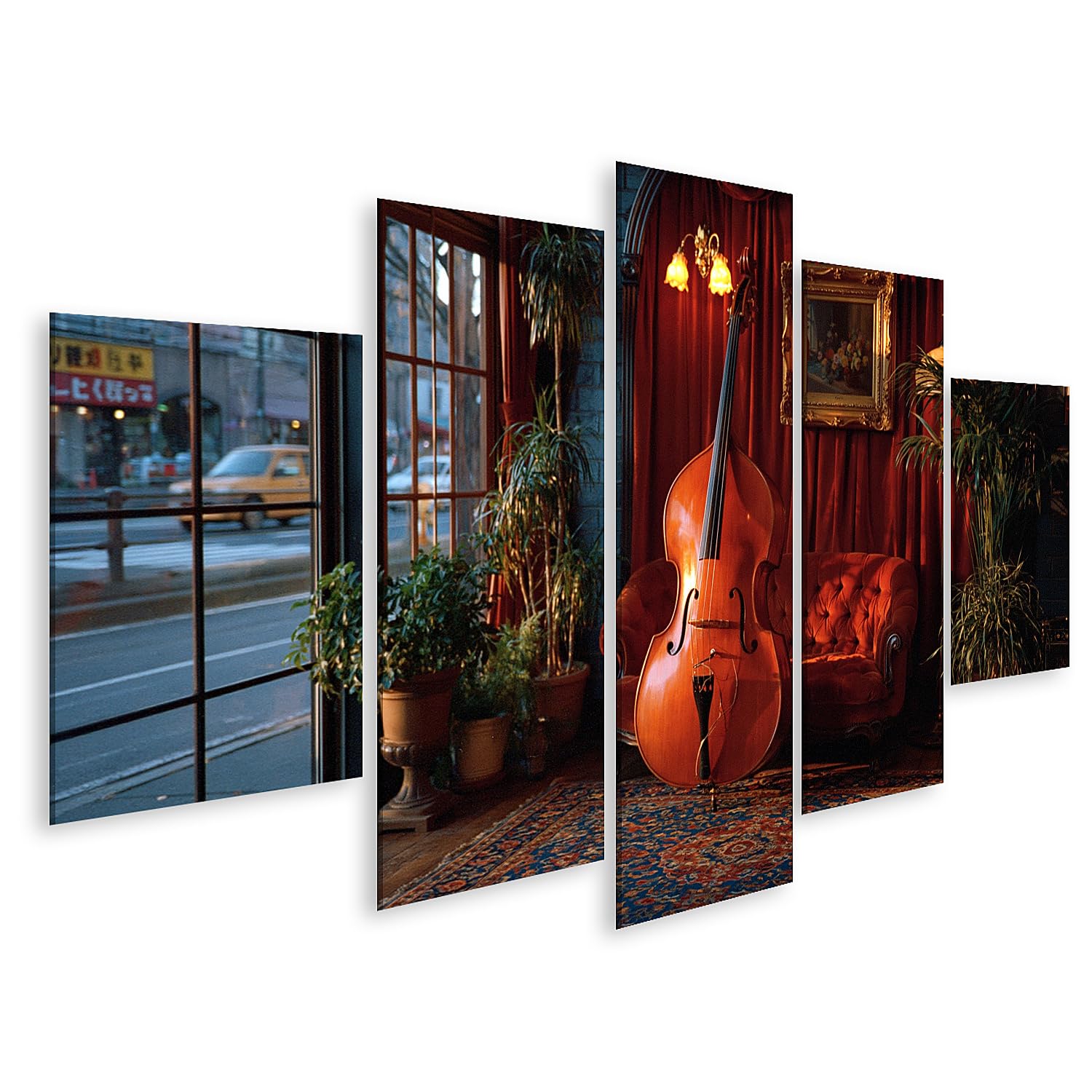 islandburner Cuadro sobre lienzo elegante de contrabajo impresión de salón para amantes de la música – 5 piezas