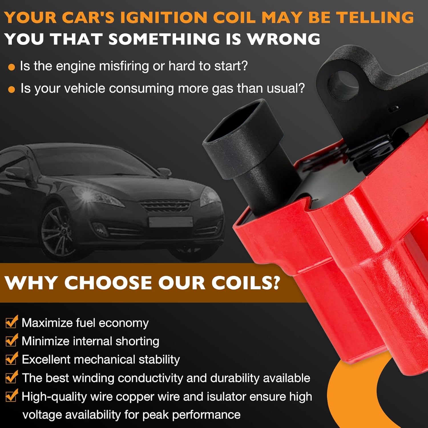 HQPASFY Ignition Coil UF271 & Spark Plug Wires Set of 8 Compatible With 1999-2007 Chevy Avalanche Chevy Express Silverado 1500 2500 3500, Gmc Savana Sierra Yukon 4.8L 5.3L 6.0L (Square coils)