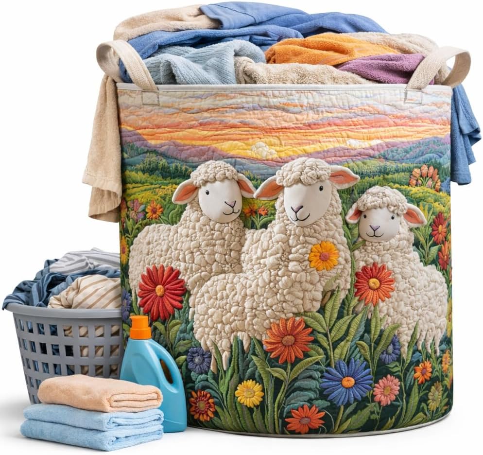 Quilted Laundry Basket with Handles, Boho Floral Fabric Hamper for Clothes & Toys, Soft Large Storage Basket for Nursery, Bedroom, Laundry Room