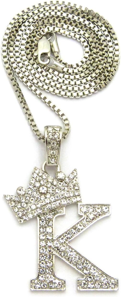 Fashion 21 Iced Out King Crown Alphabet Initial Pendant 2mm 24" Box Chain Necklace in Gold, Silver Tone (K - Silver)