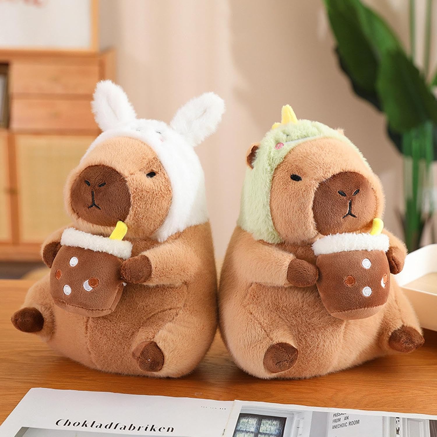 Dinosaur Capybara Plush Drinking Milk Tea 11 inch Cute Dino Capibara Stuffed Animal Ultra Soft Plushies Toys Kawaii Gifts for Kids Brown