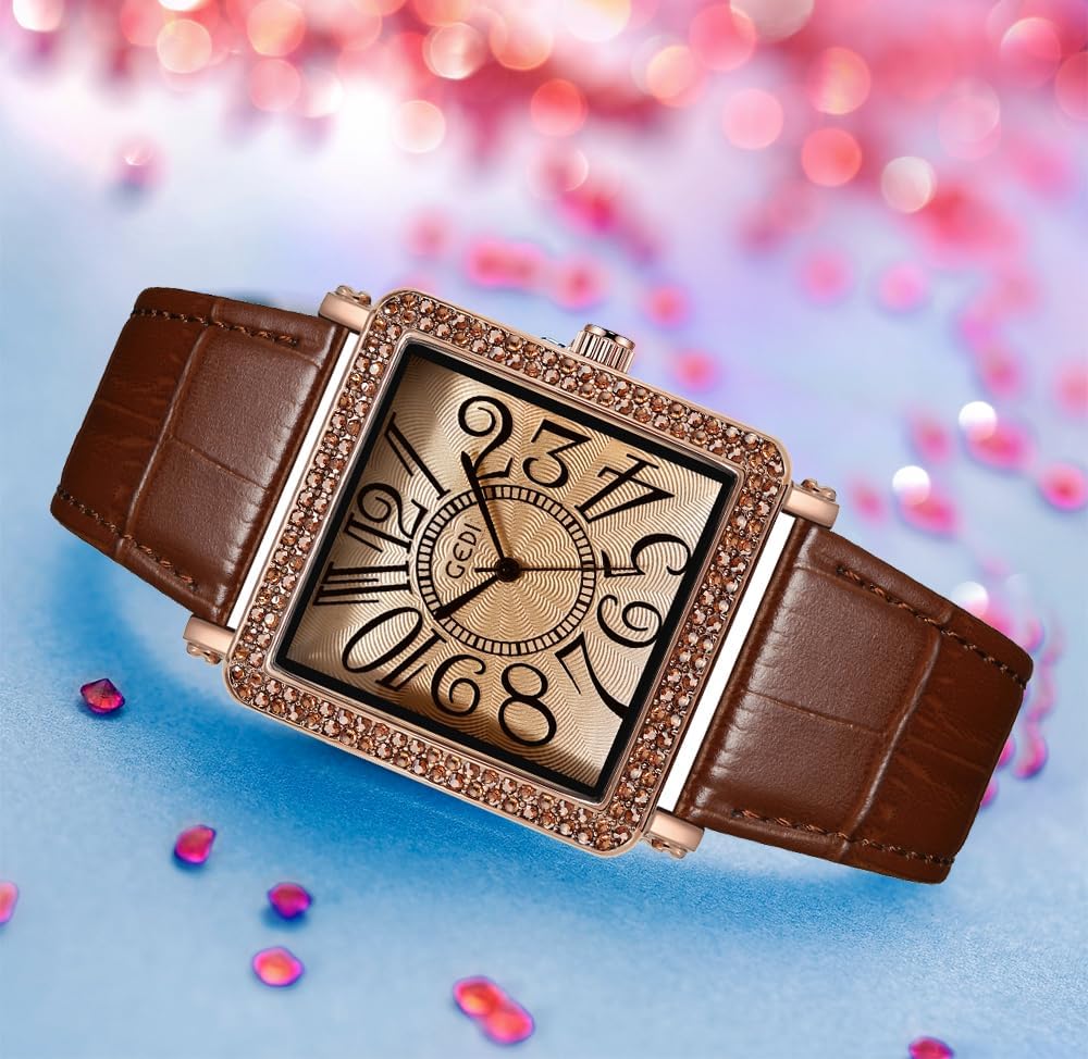 Gosasa Retro Women's Vintage Watches Big Face Square Diamond Ladies Quartz Leather Strap Classic Wrist Watches for Women Ladies