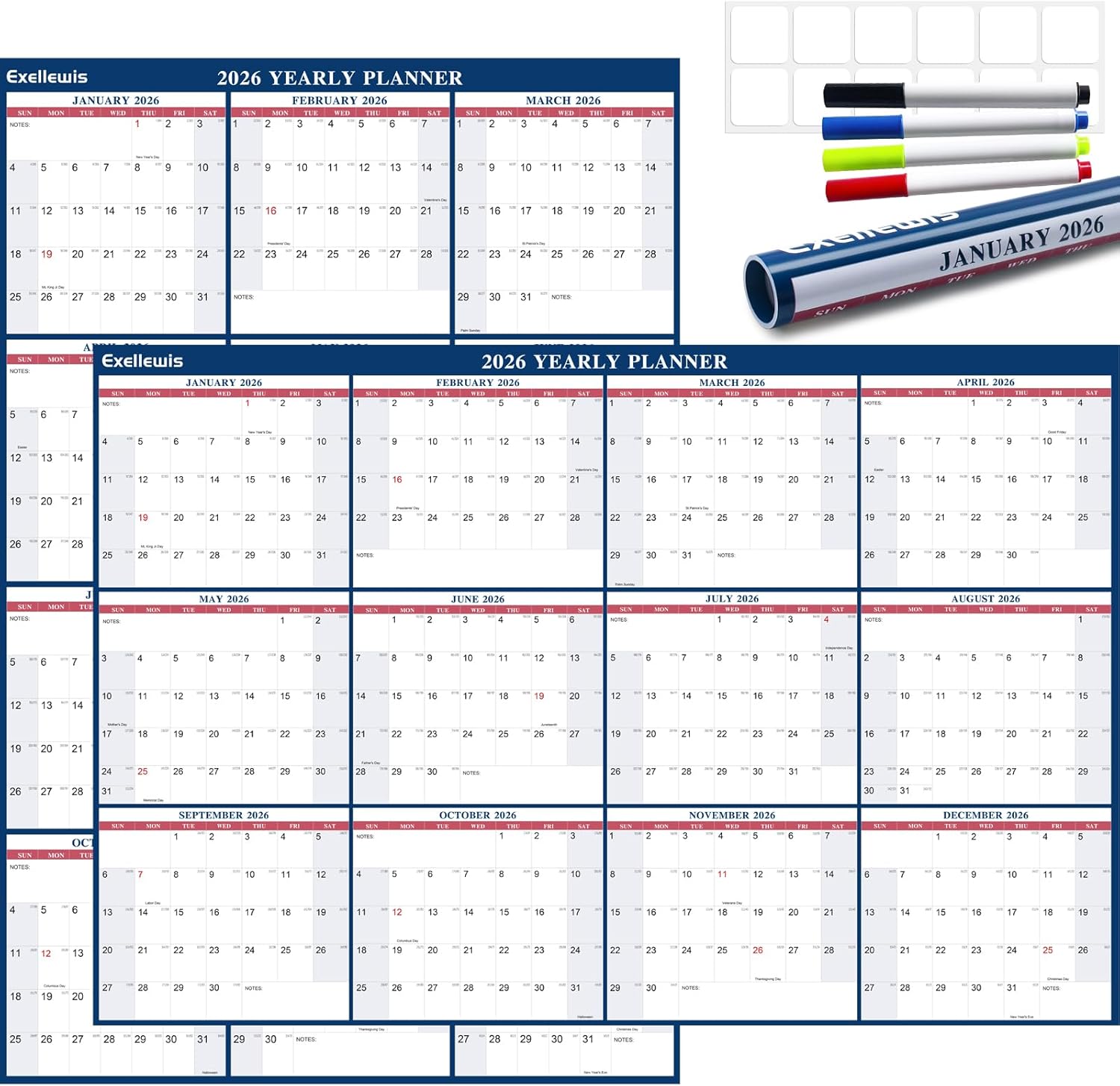 2026 Wall Calendar 32" x 48" Wet & Dry Erase Calendar for Wall - Large Yearly Planner 12 Months, 2-Sided Reversible Horizontal Vertical Calendar January to December for Home Office School