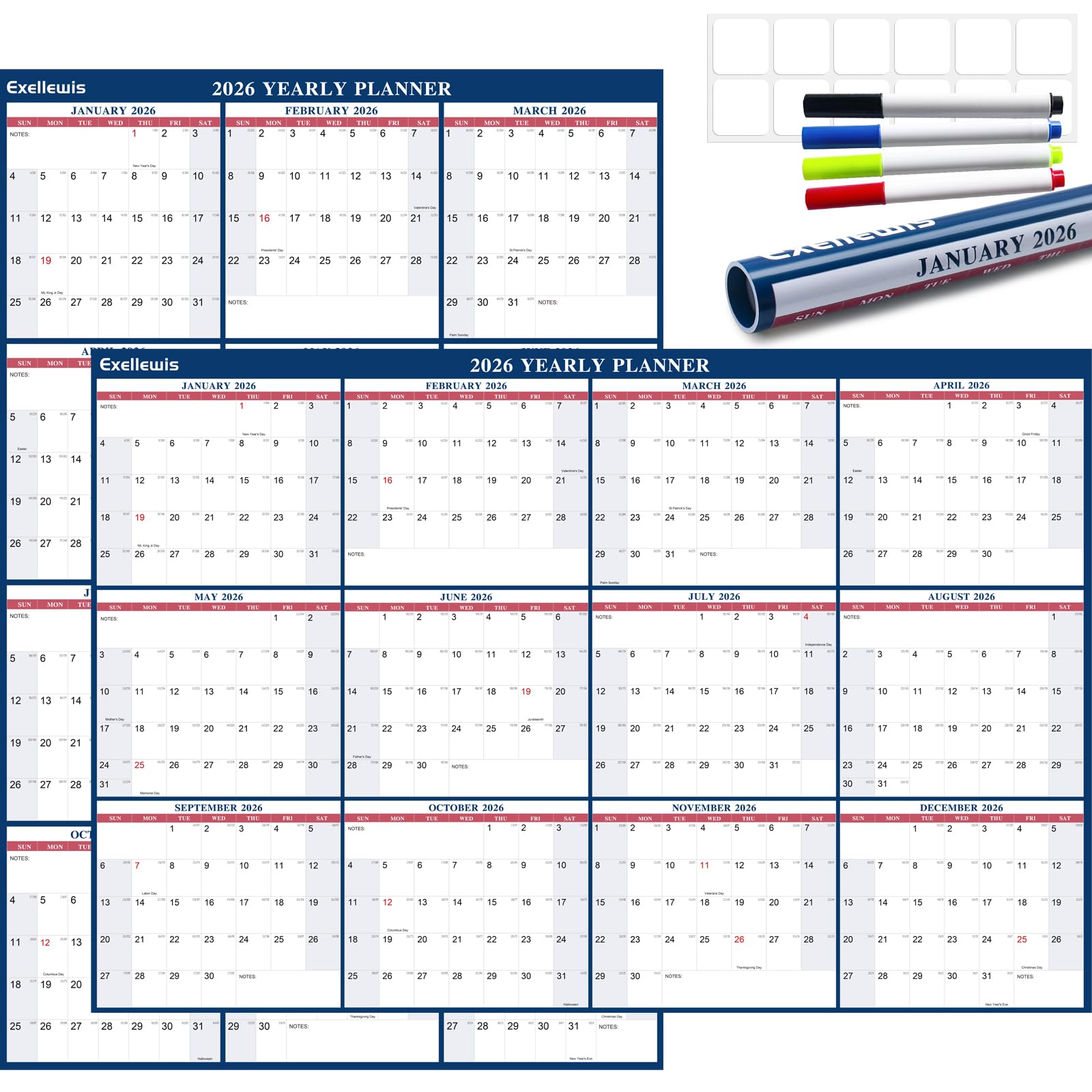 2026 Wall Calendar 32" x 48" Wet & Dry Erase Calendar for Wall - Large Yearly Planner 12 Months, 2-Sided Reversible Horizontal Vertical Calendar